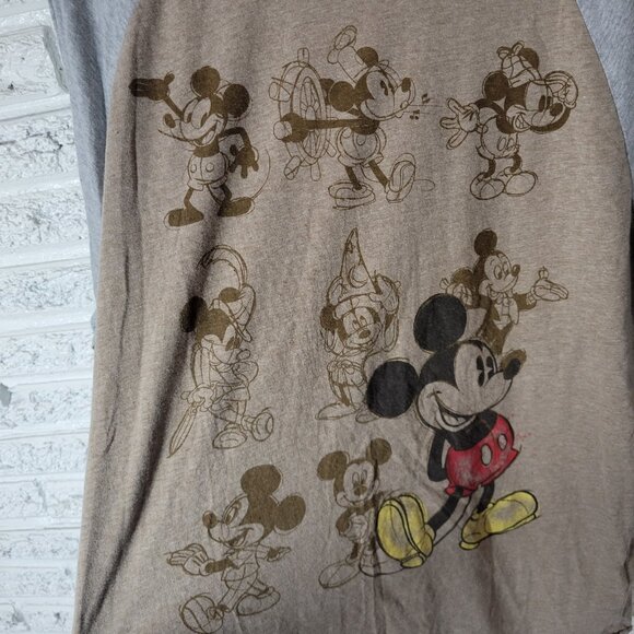 Disney Womens Top XL Tee Raglan Sleeve Mickey Mouse Faded Look Tan NOV141E - Picture 5 of 9